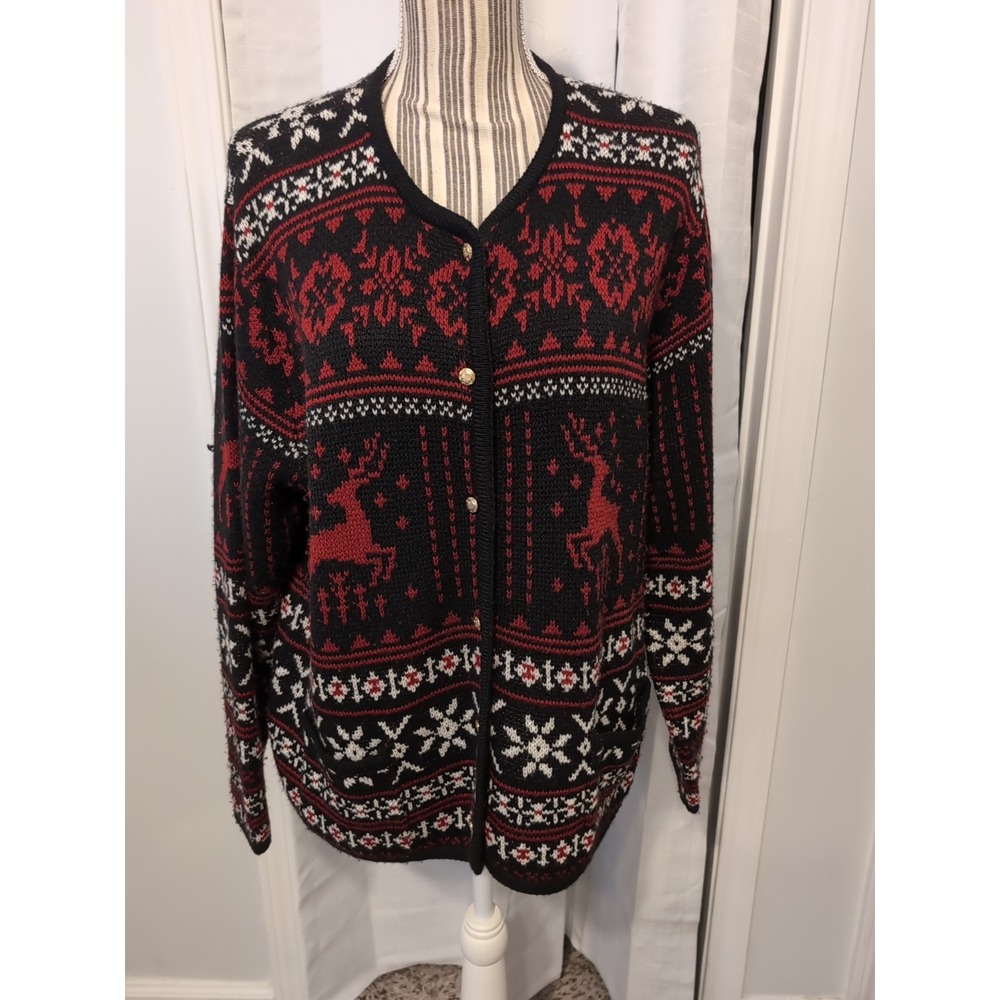 Vtg. Liz Baker Fair Isle Snowflake Reindeer‎ Knit Cardigan Buttons Pockets Large